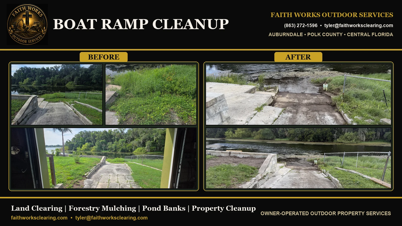 Boat Ramp Cleanup — before, process, and after property cleanup in Orlando FL by Faith Works Outdoor Services