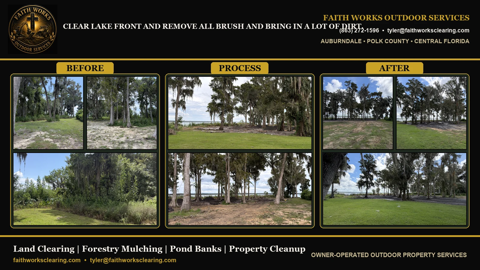 Clear lake front and remove all brush and bring in a lot of dirt.