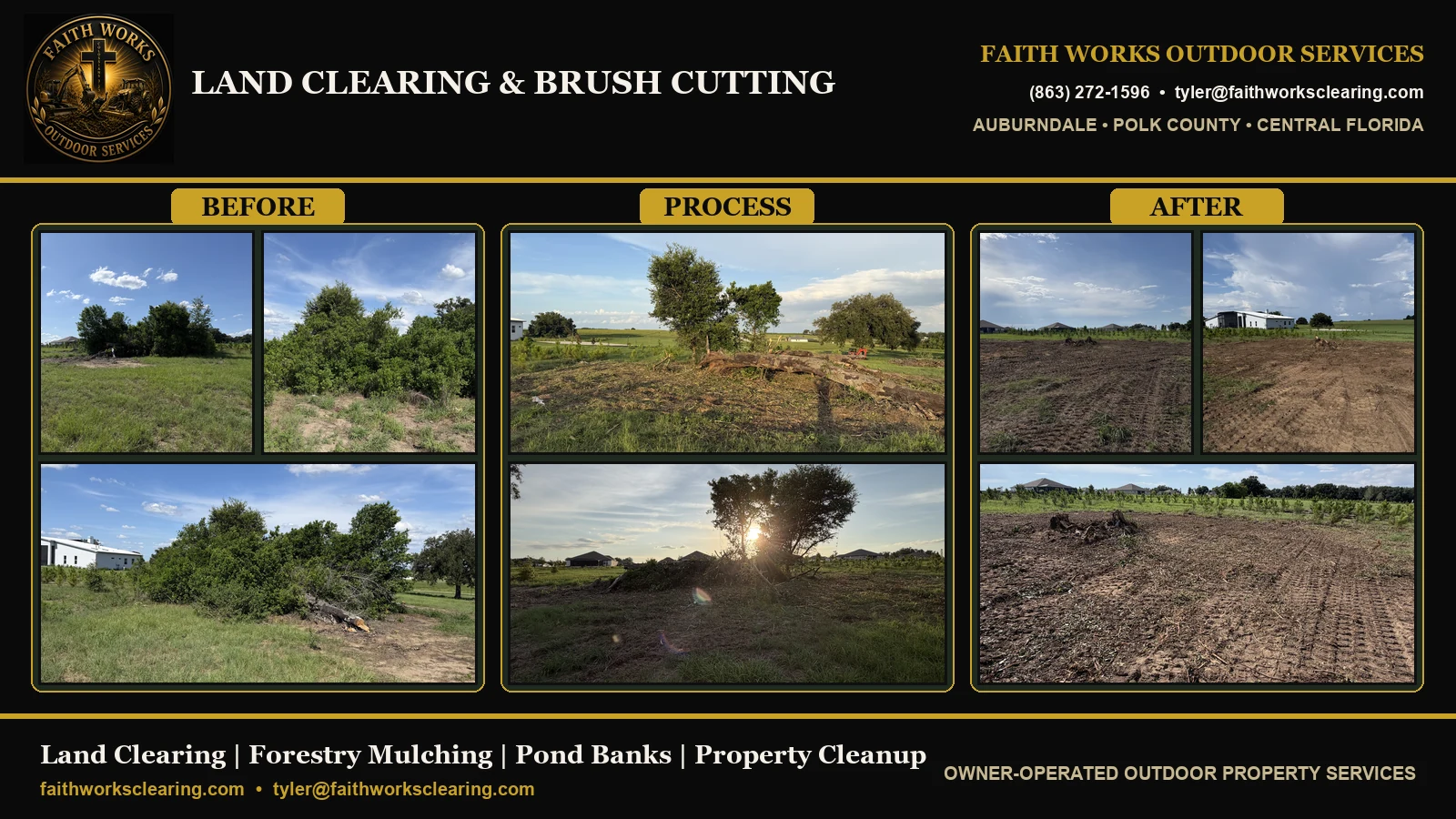 Land Clearing & Brush Cutting — before, process, and after brush clearing & brush cutting in Thonotosassa FL by Faith Works Outdoor Services
