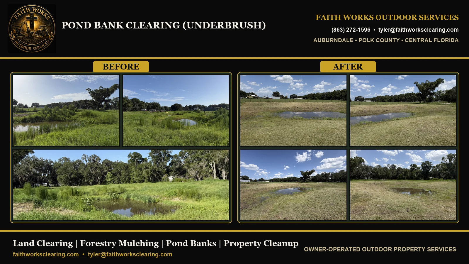 Pond bank clearing (underbrush) — before, process, and after brush clearing & brush cutting in auburndale FL by Faith Works Outdoor Services