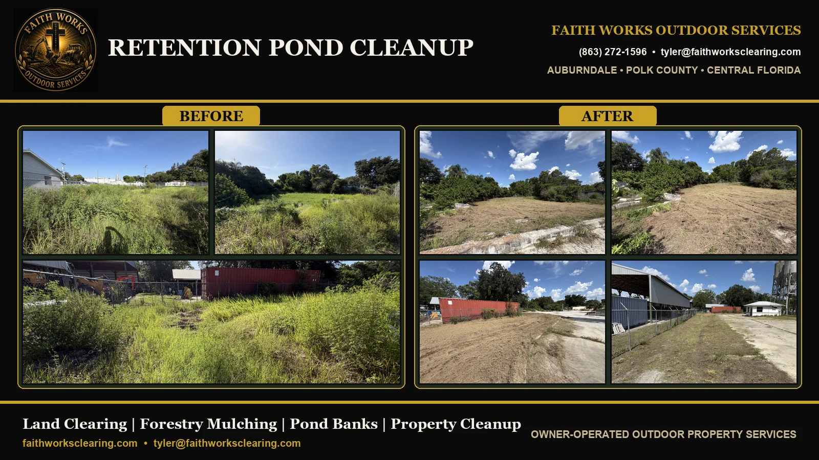 Retention Pond Cleanup — before, process, and after property cleanup in Auburndale FL by Faith Works Outdoor Services