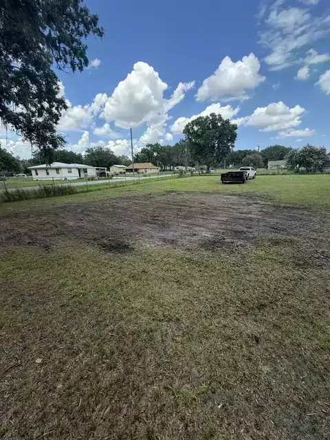 Completed overgrowth removal with cleared ground and debris ready for haul-off